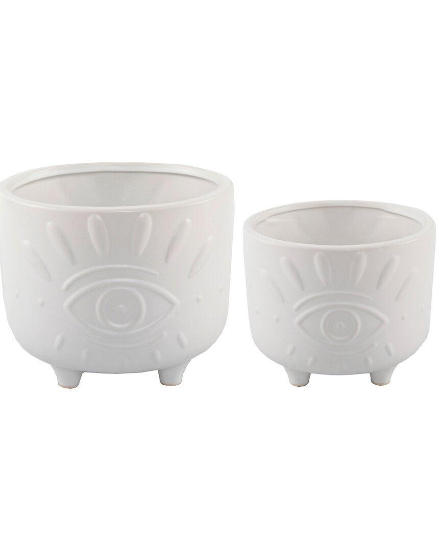 Flora Bunda 6in & 4.75in Evil Eye Ceramic Footed Planter In White
