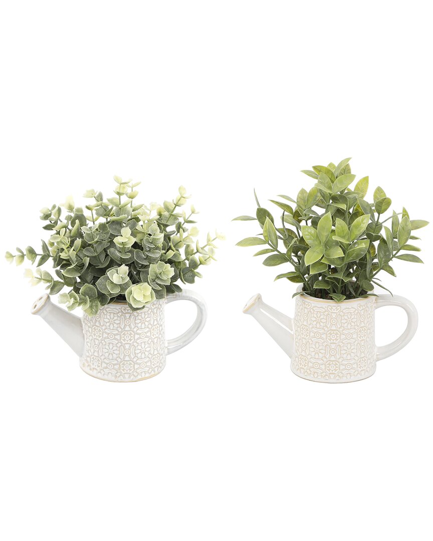 Flora Bunda Set Of 2 Eucalyptus & Tea Leaves In Cathedral Watering Cans In Ivory