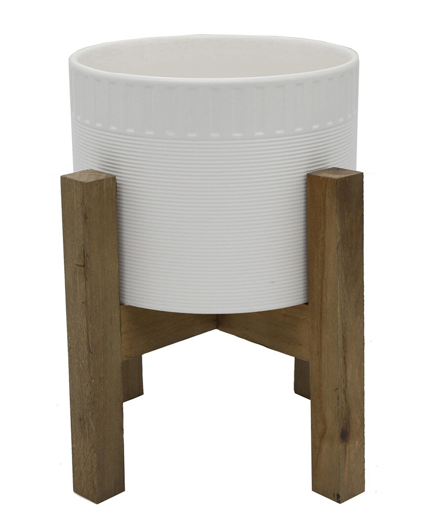 Flora Bunda 8in Ceramic Dumpling Pot On Wood Stand In White