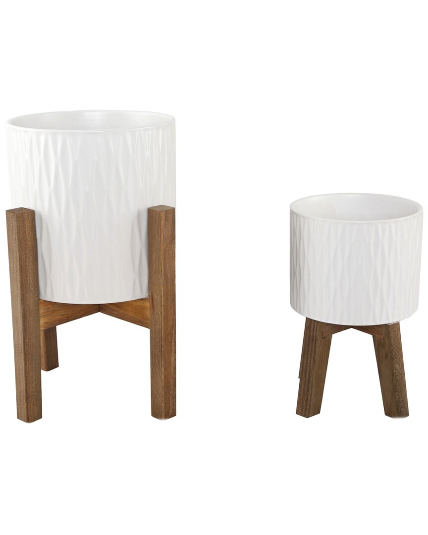 Flora Bunda Set Of 2 Ridged Ceramic Planters On Wood Stands In White