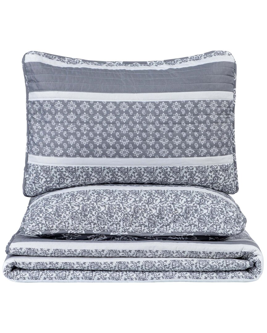 Linery & Co Stripe & Paisley Microfiber Quilt Set With Shams In Gray