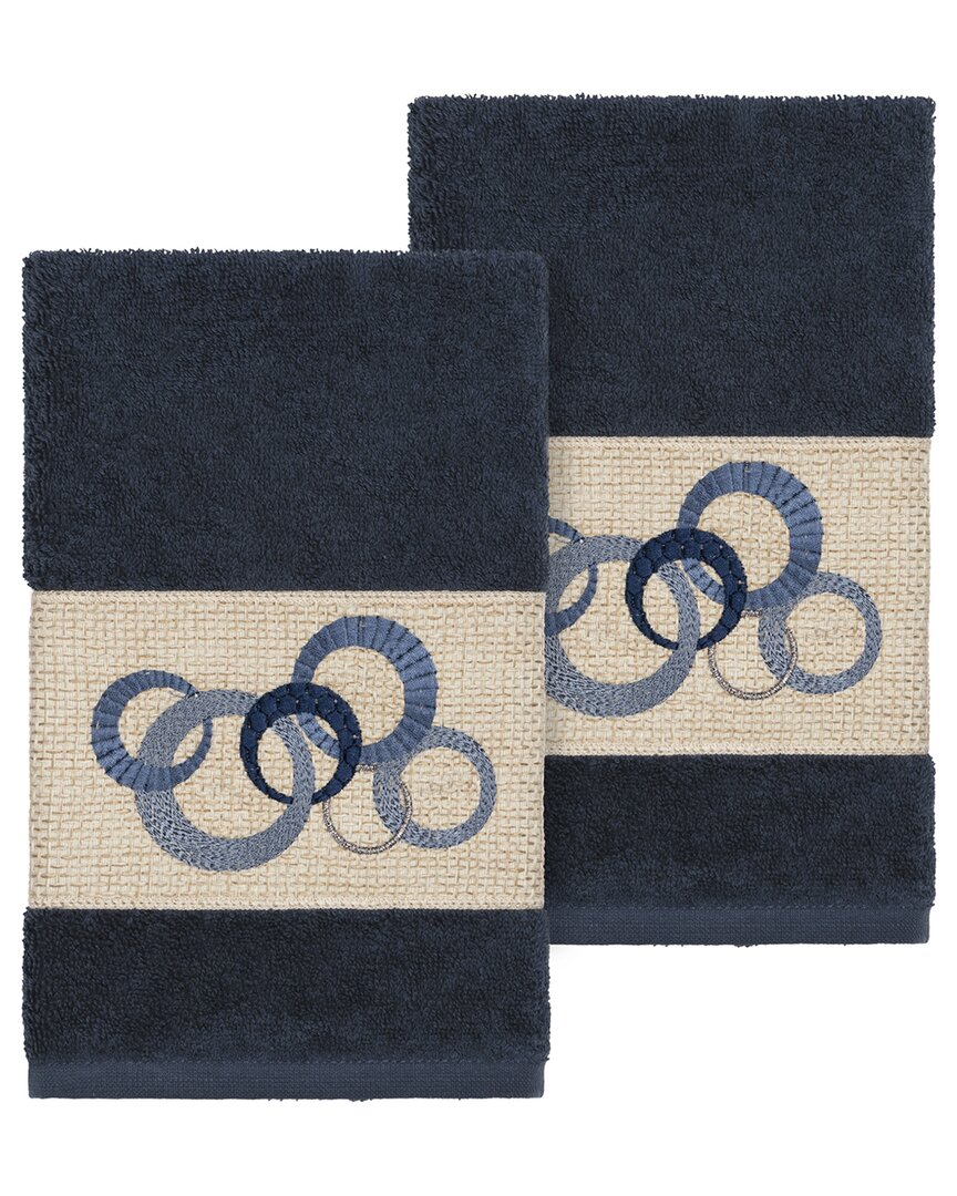 Linum Home Textiles Turkish Cotton Annabelle 2pc Embellished Hand Towel Set In Blue