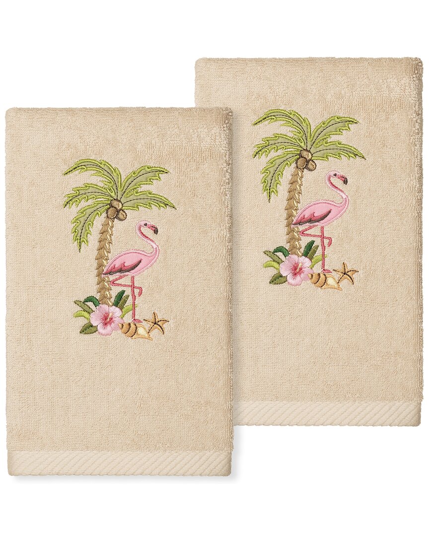 Linum Home Textiles Flora - Embroidered Luxury 100% Turkish Cotton Hand Towels (set Of 2) In Sand
