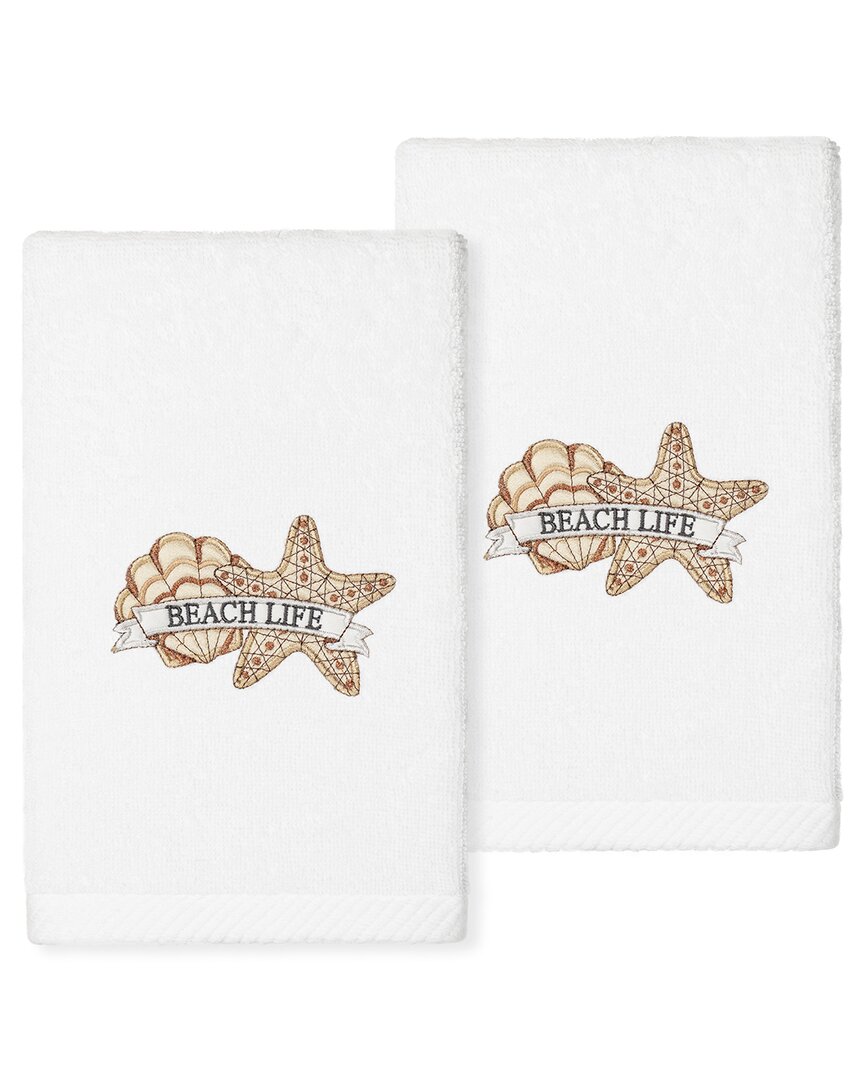 Linum Home Textiles Beach Life - Embroidered Luxury 100% Turkish Cotton Hand Towels (set Of 2) In White