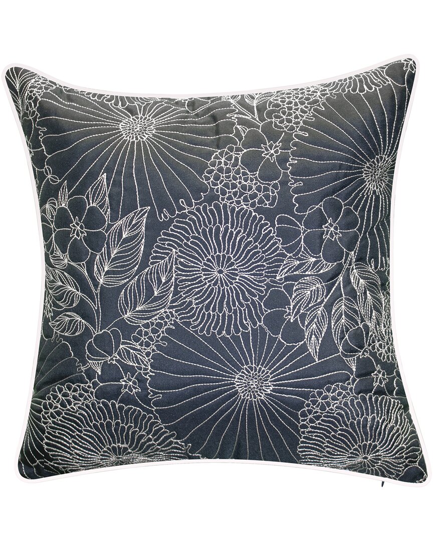 Edie Home Indoor/outdoor Fine Line Embroidered Floral Decorative Pillow In Navy