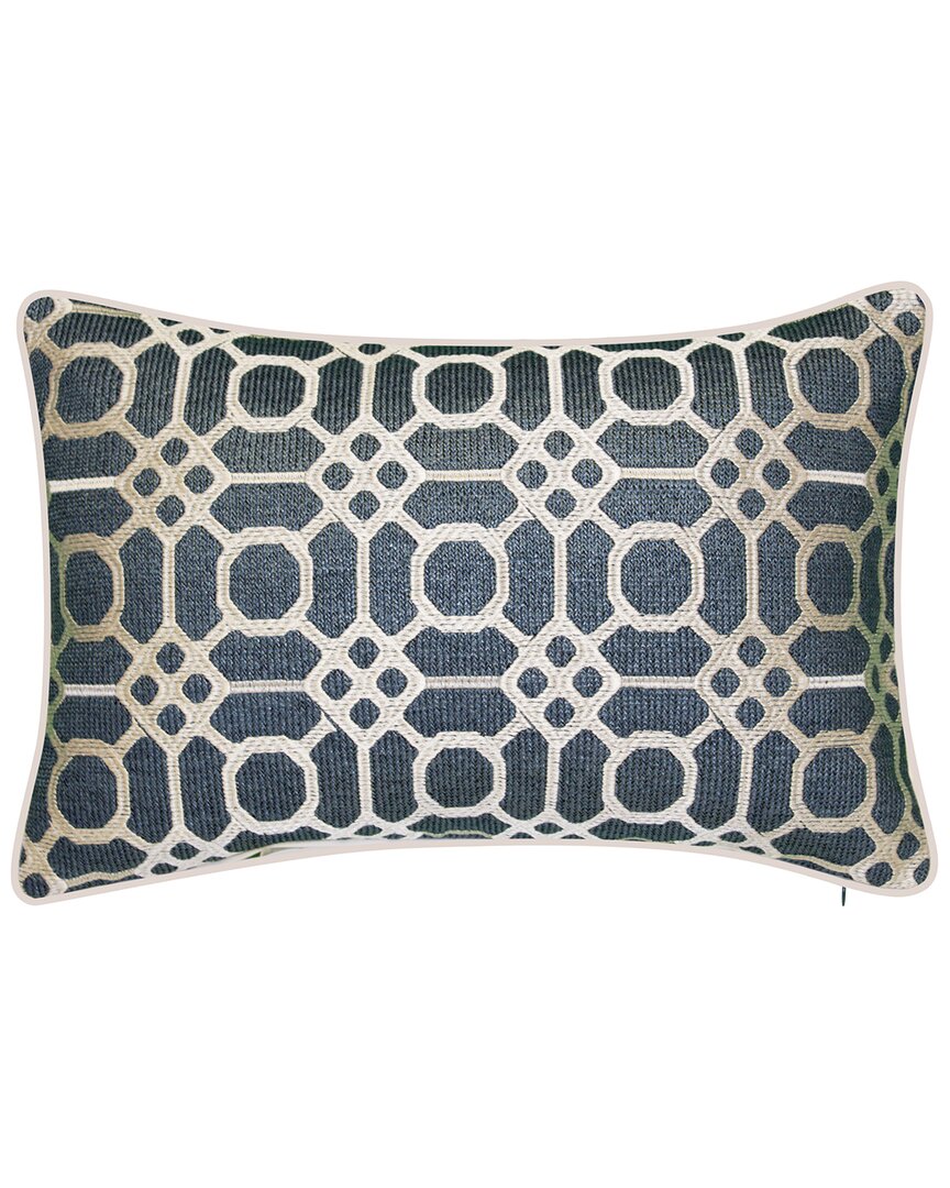 Edie Home Indoor/outdoor Raffia Geometric Embroidered Lumbar Decorative Pillow In Navy