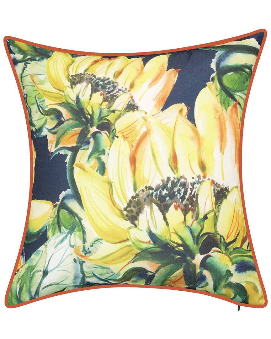 Edie Home Indoor/outdoor Sunflower Watercolor Reversible Decorative Pillow In Navy