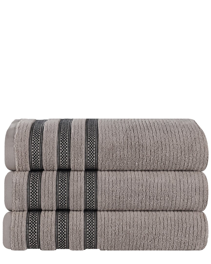 Superior Set Of 3 Brea Zero Twist Cotton Ribbed Geometric Border Plush Bath Towels