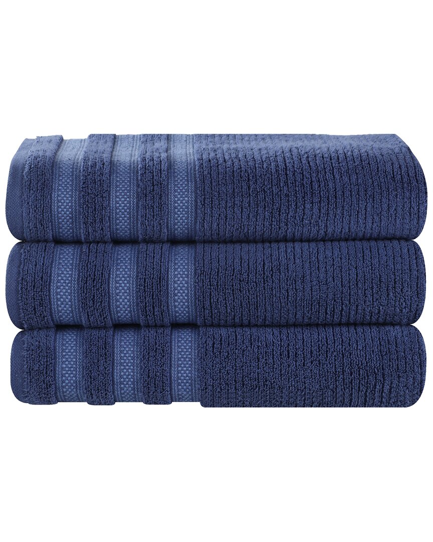 Superior Set Of 3 Brea Zero Twist Cotton Ribbed Geometric Border Plush Bath Towels