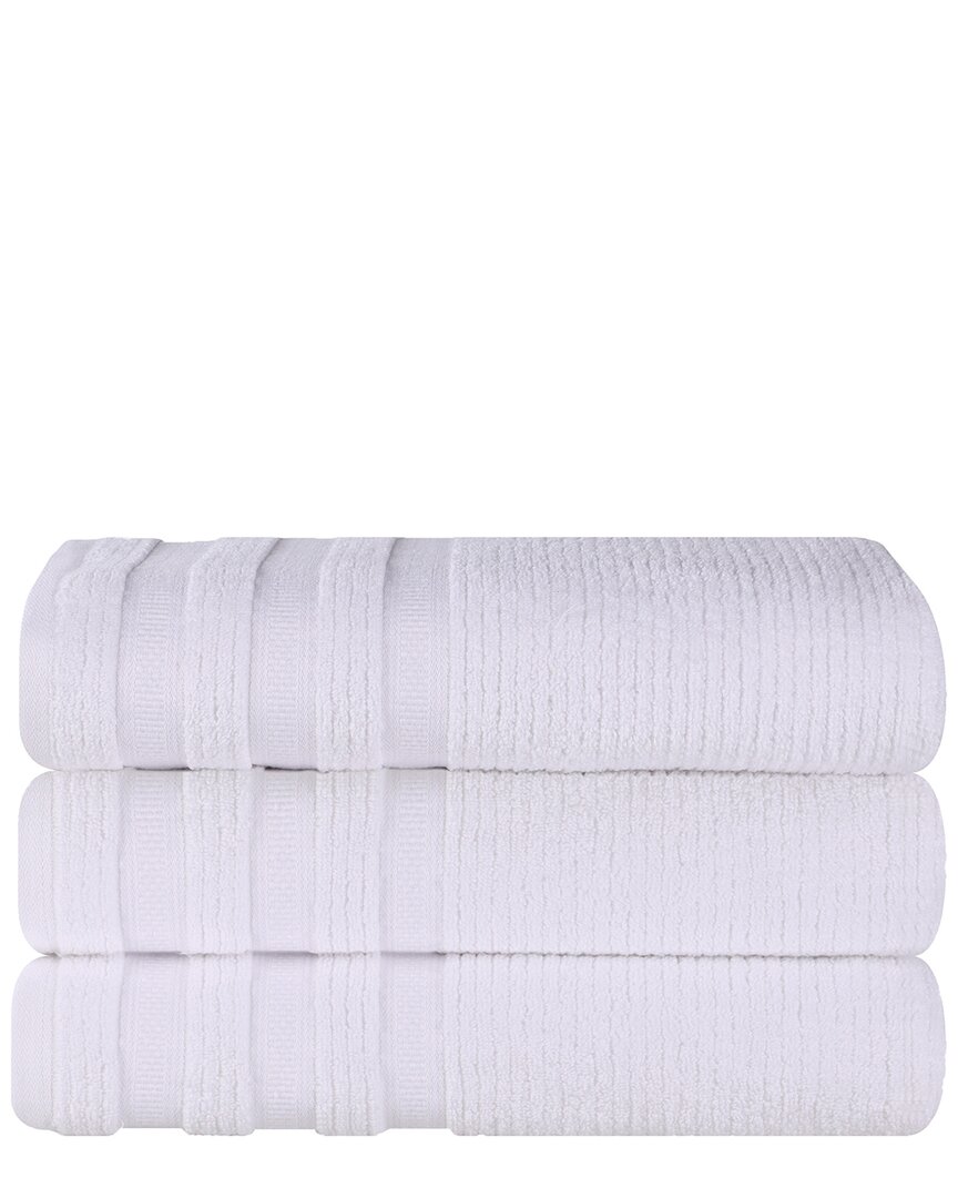 Superior Set Of 3 Brea Zero Twist Cotton Ribbed Geometric Border Plush Bath Towels