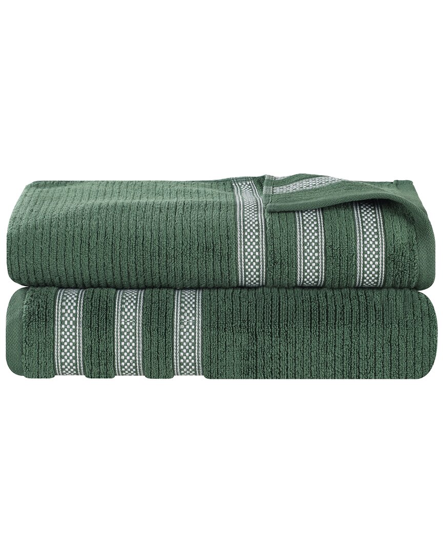 Superior Set Of 2 Brea Zero Twist Cotton Ribbed Geometric Border Plush Bath Sheets