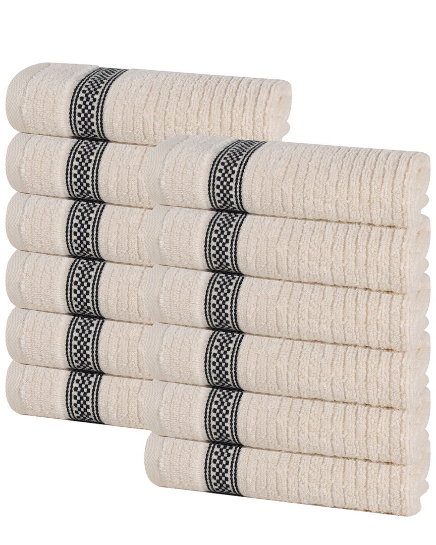 Superior Set Of 12 Brea Zero Twist Cotton Ribbed Geometric Border Plush Washcloths