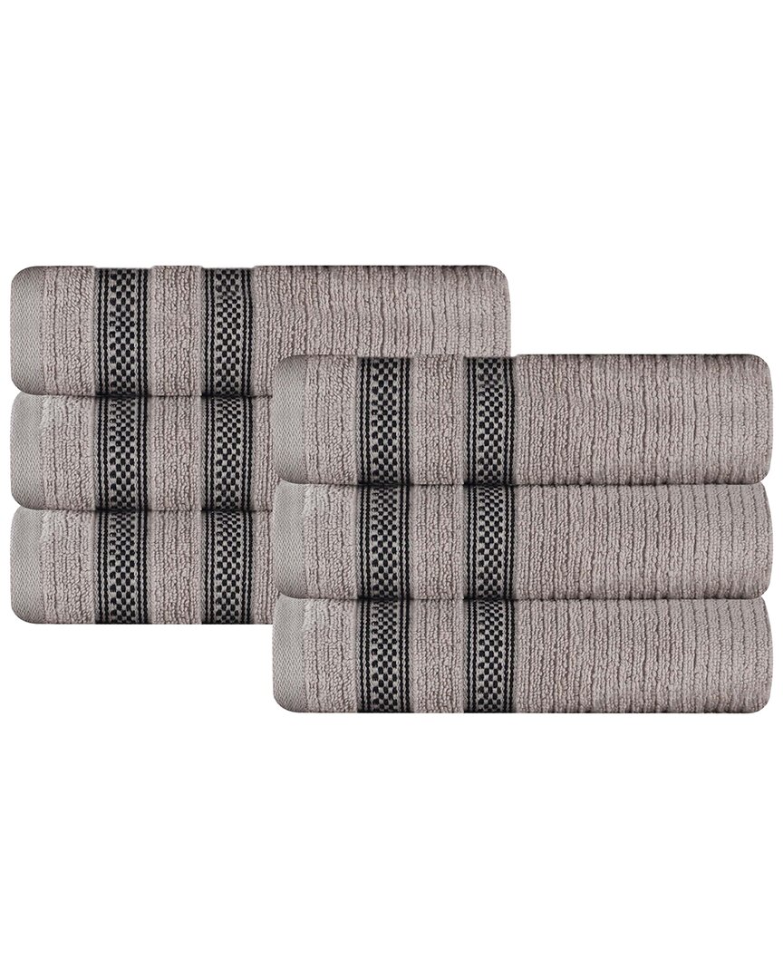 Superior Set Of 6 Brea Zero Twist Cotton Ribbed Geometric Border Plush Hand Towels