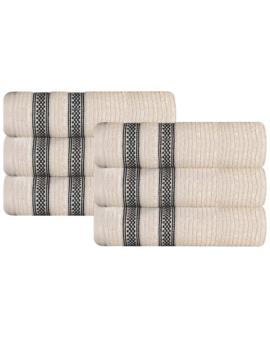 Superior Set Of 6 Brea Zero Twist Cotton Ribbed Geometric Border Plush Hand Towels