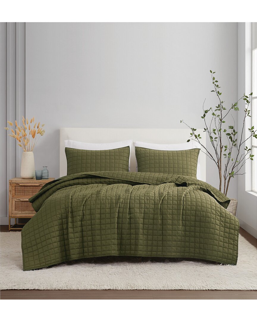 Brooklyn Loom Solid Linen 3pc Quilt Set In Green
