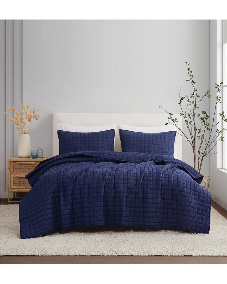Brooklyn Loom Solid Linen 3pc Quilt Set In Blue
