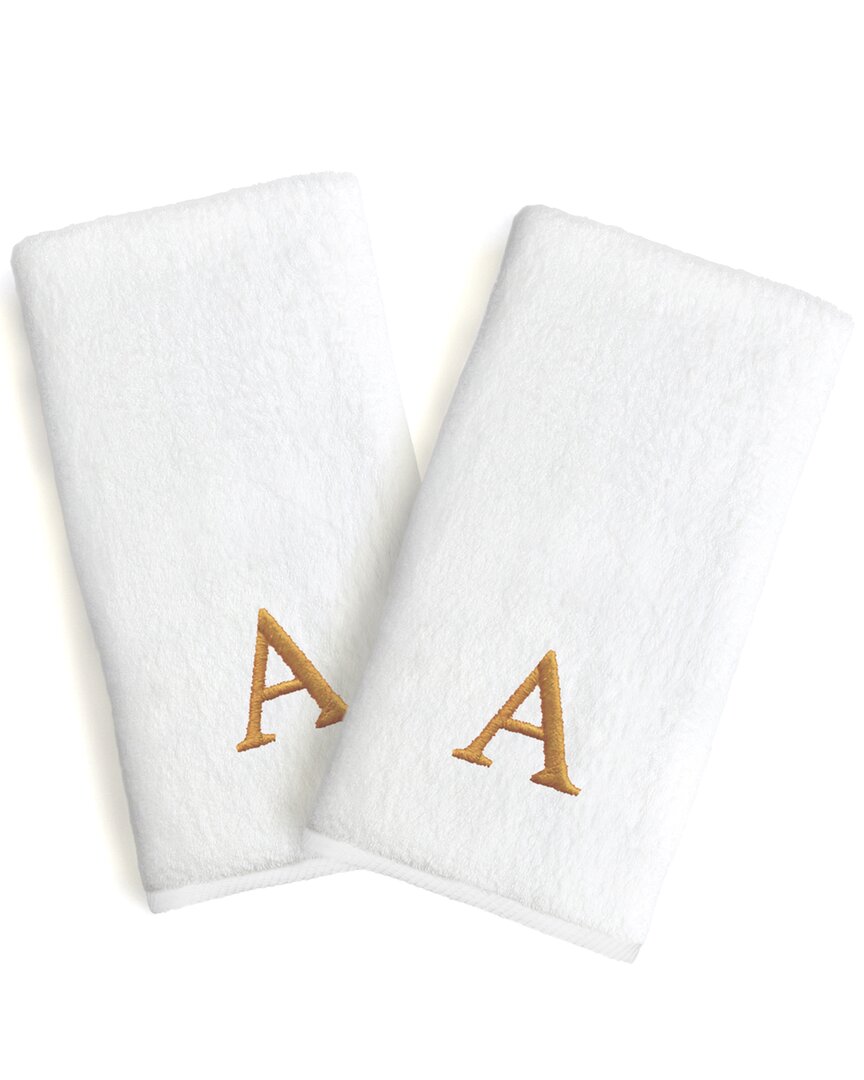 Linum Home Textiles Set Of 2 Monogrammed Luxury Turkish Cotton Novelty Hand Towels Linum Gold Font In White