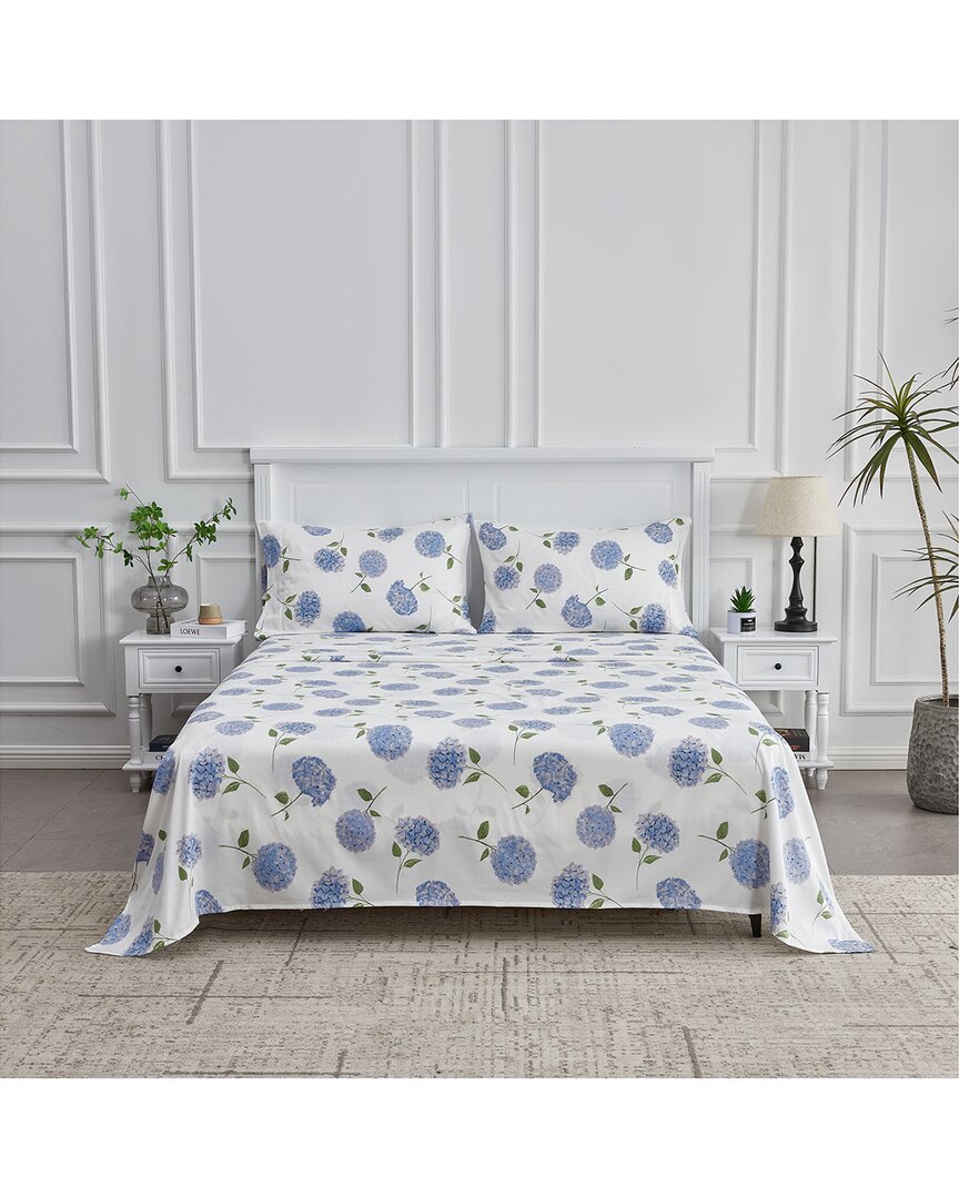 Melange Home 400tc Sateen Cotton Hydrangea Hemstitch Sheet Set In Blue