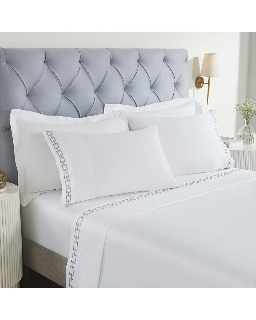 Superior Chain Links Cotton Embroidered Deep Pocket Bed Sheet Set In White