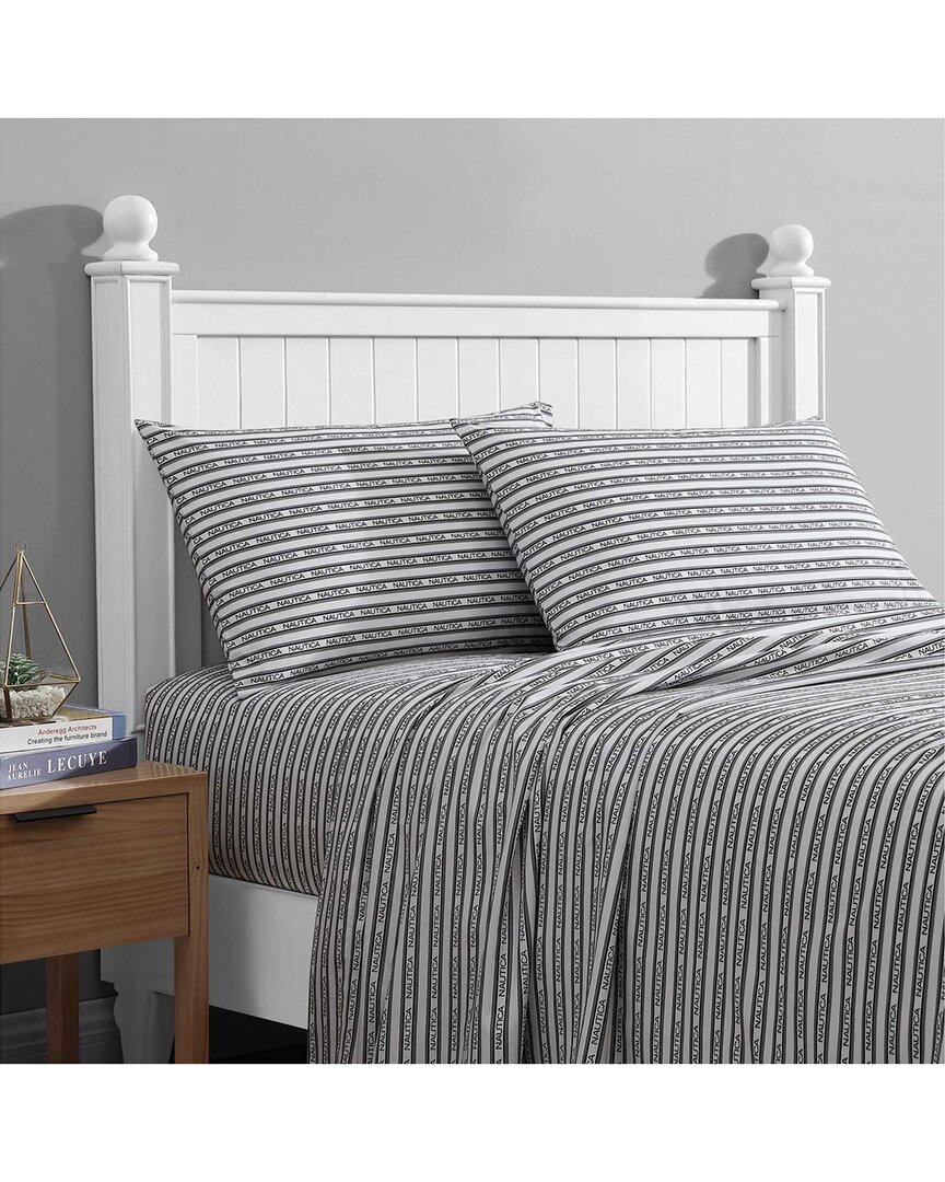 Nautica Striped  Logo Lightweight Sheet Set In Grey