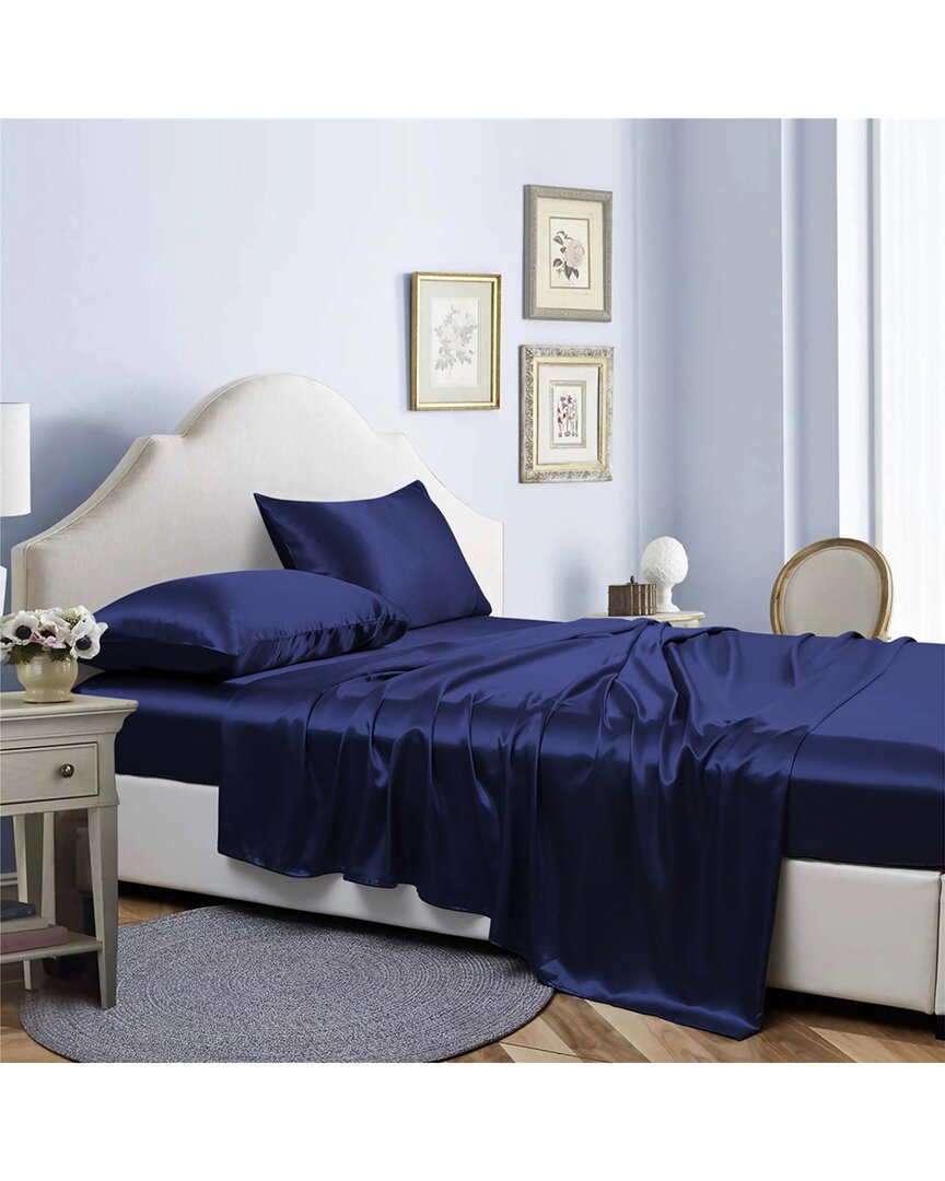 Bibb Home Silky Satin 4 Piece Sheet Set - Navy