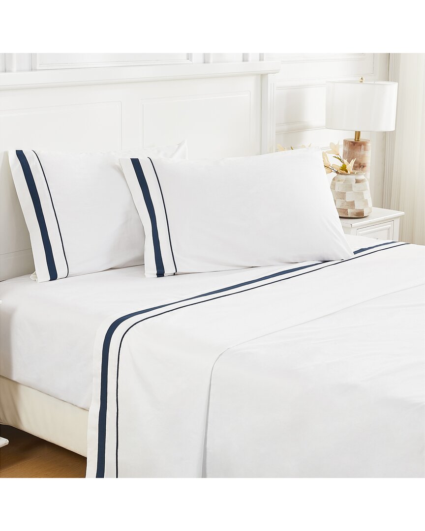Melange Home 300 Thread Count Percale Cotton Classic Double Border Sheet Set In Navy
