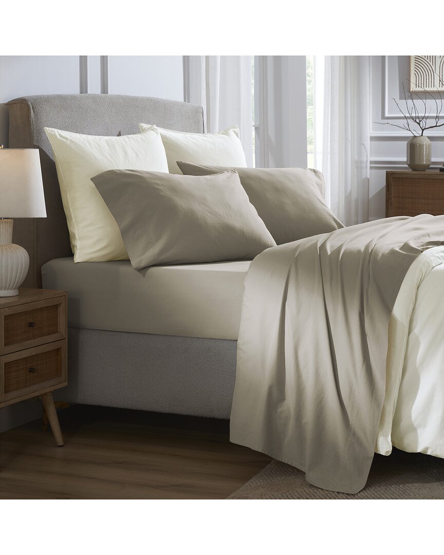 Superior Carmen 100% Cotton Linen Texture Vintage Wash Solid Deep Pocket Percale Sheet Set In Brown