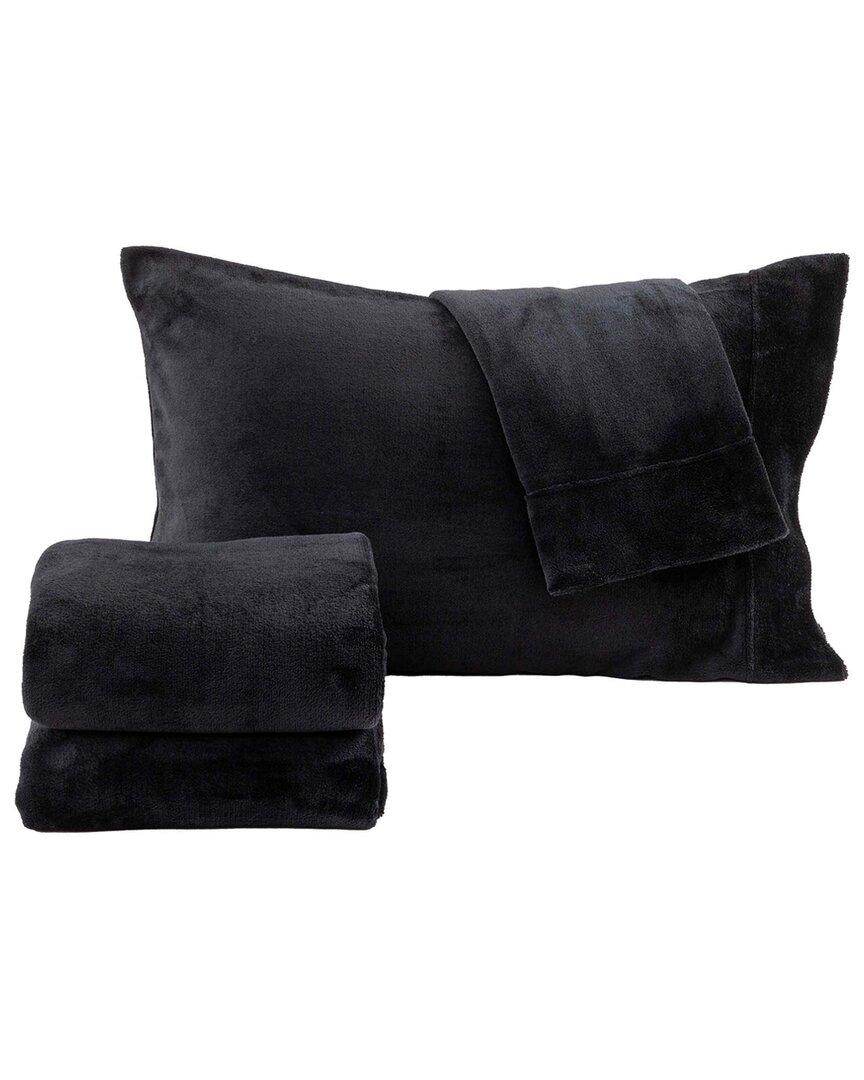 Linery & Co Ultra Soft & Cozy Velvet Plush Fleece Printed Sheet Set In Black