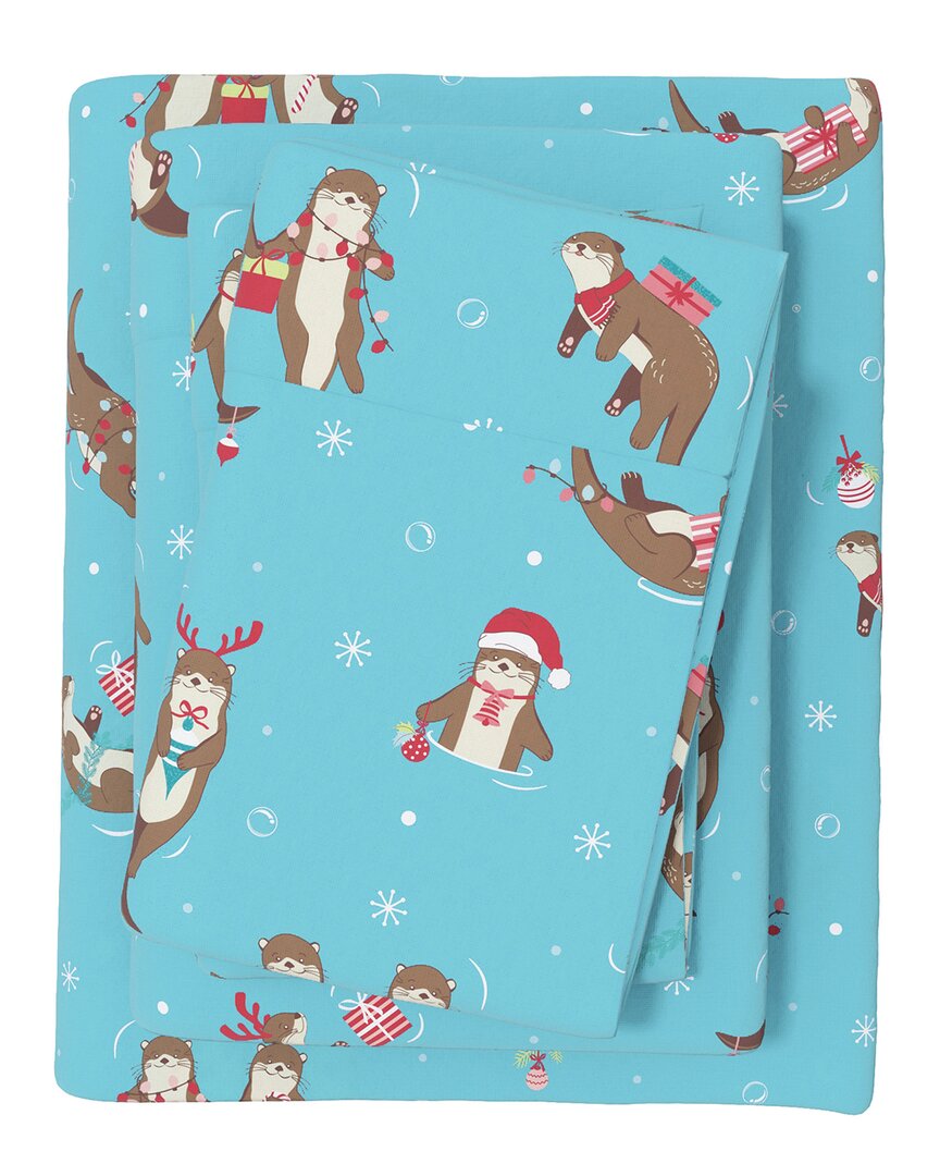 Linery & Co Kids Whimsical Holiday 100% Turkish Cotton Flannel Sheet Set In Blue