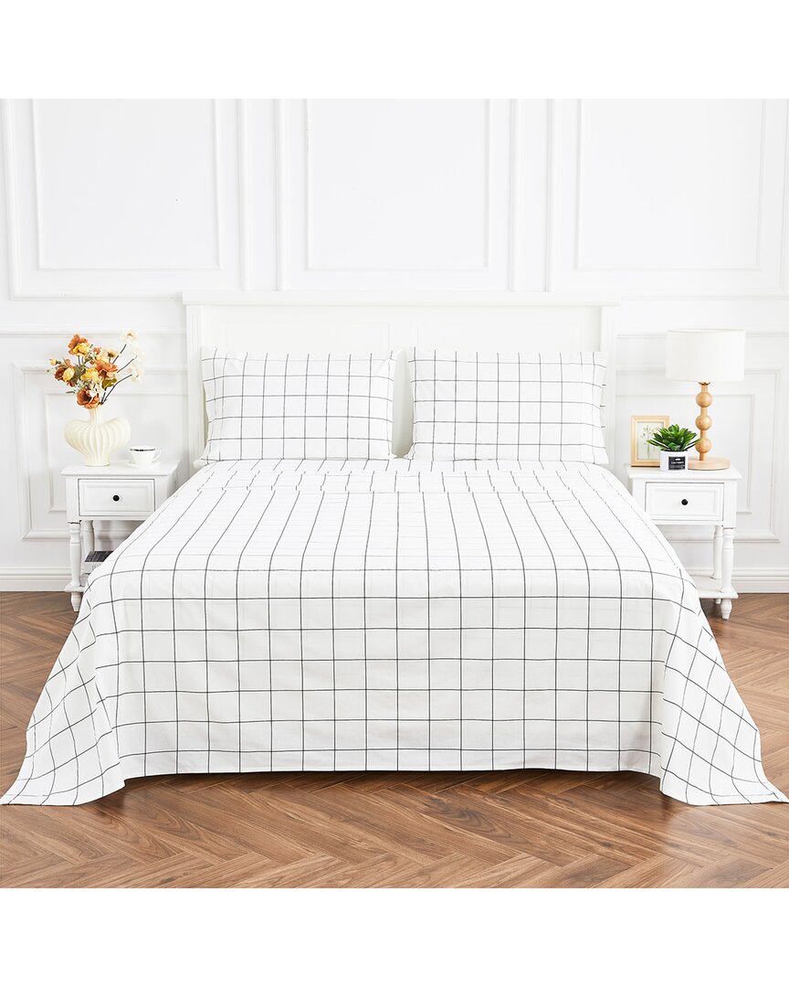 Melange Mélange Home Grid Percale Cotton Sheet Set In White
