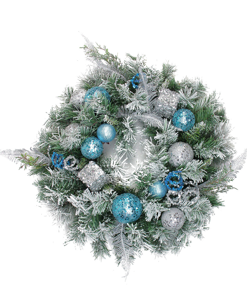 Northlight Flocked Blue & Silver Sequin Ornaments Artificial Pine Christmas Wreath