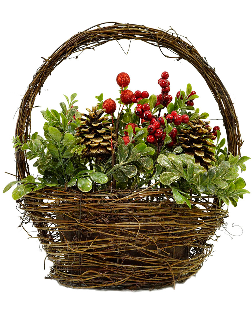 Northlight Pine Cones Berries & Boxwood In Twig Basket Christmas Tabletop Decoration