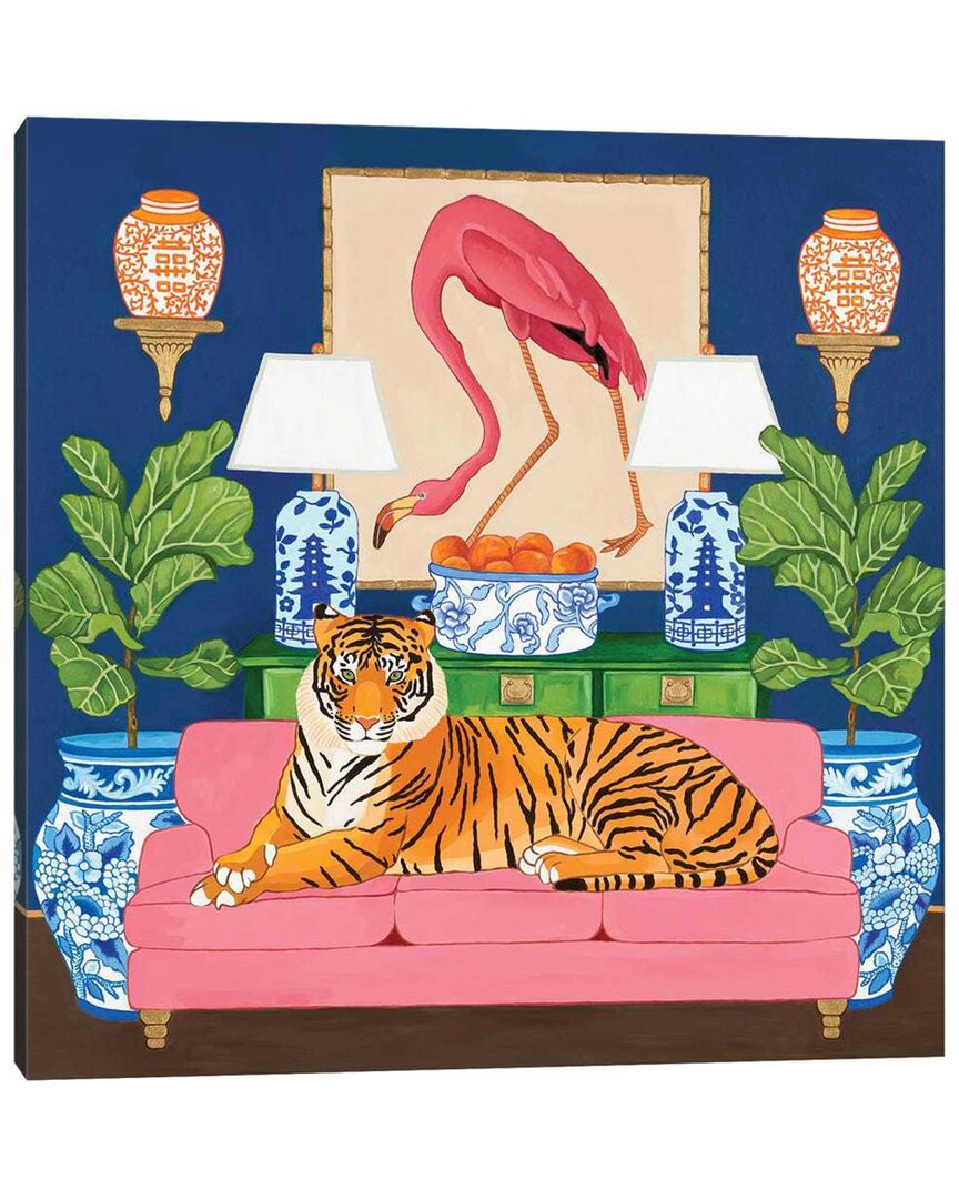 Icanvas Chinoiserie Tiger In The Living Room With Flamingo By Green Orchid Boutique  Wall Art