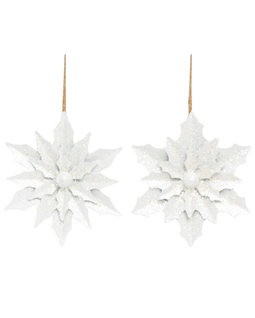 Transpac Metal 5.5in Christmas Glitz Flower Ornament Set Of 2 In White