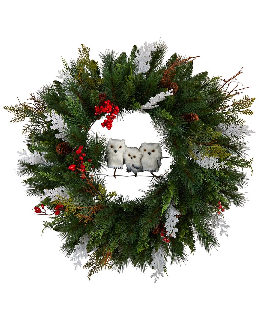 Shop Nearly Natural 24in Holiday Winter Owl Family Pinecone Berry Wreath In Green