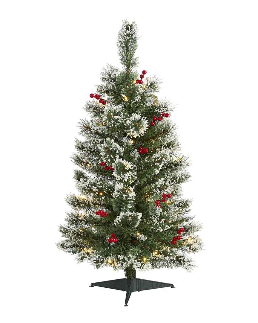 Nearly Natural Frosted Swiss Pine Artificial Christmas Tree With Clear Led Lights & Berries In Green