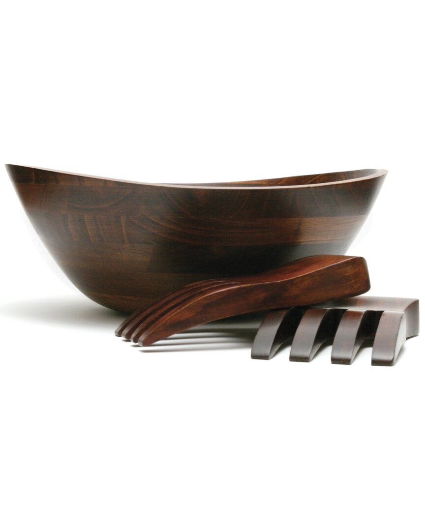 Lipper International Set Of 3 Cherry Matte Finish Wavy Rim Bowl With Salad Hands In Brown