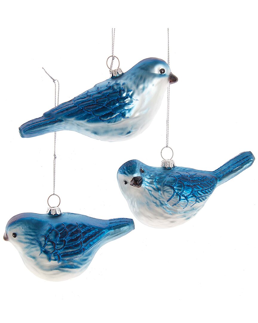 Kurt Adler Set Of 3 Glass Glitter Bluebird Ornaments