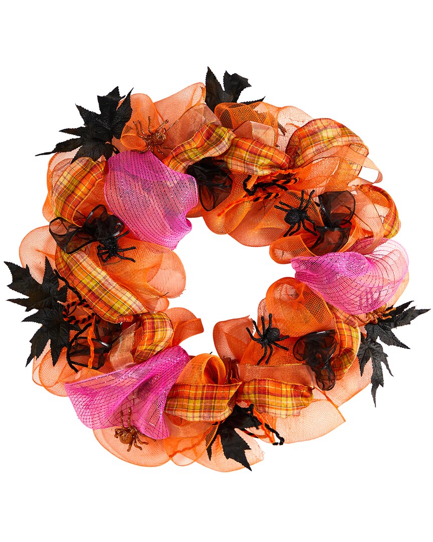 Nearly Natural Halloween Spider Mesh Wreath 26in. In Orange