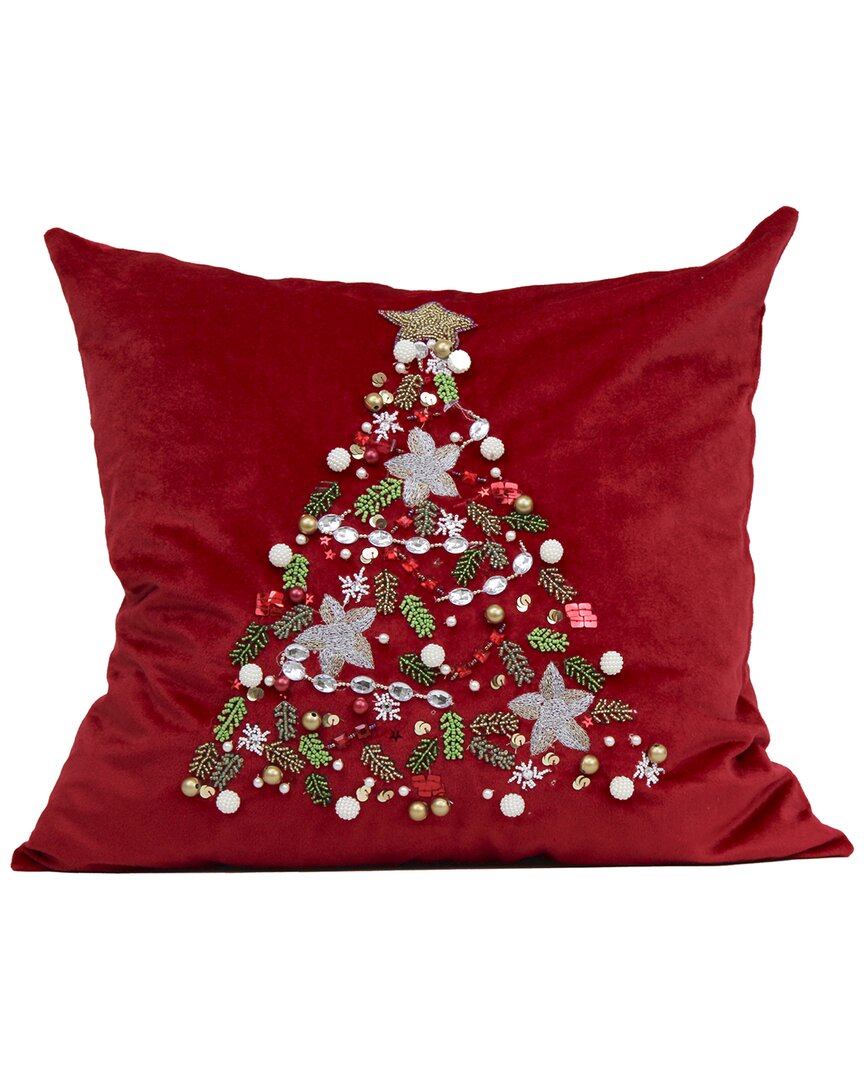 Harkaari Velvet Beaded Whimsical Christmas Tree Pillow In Red