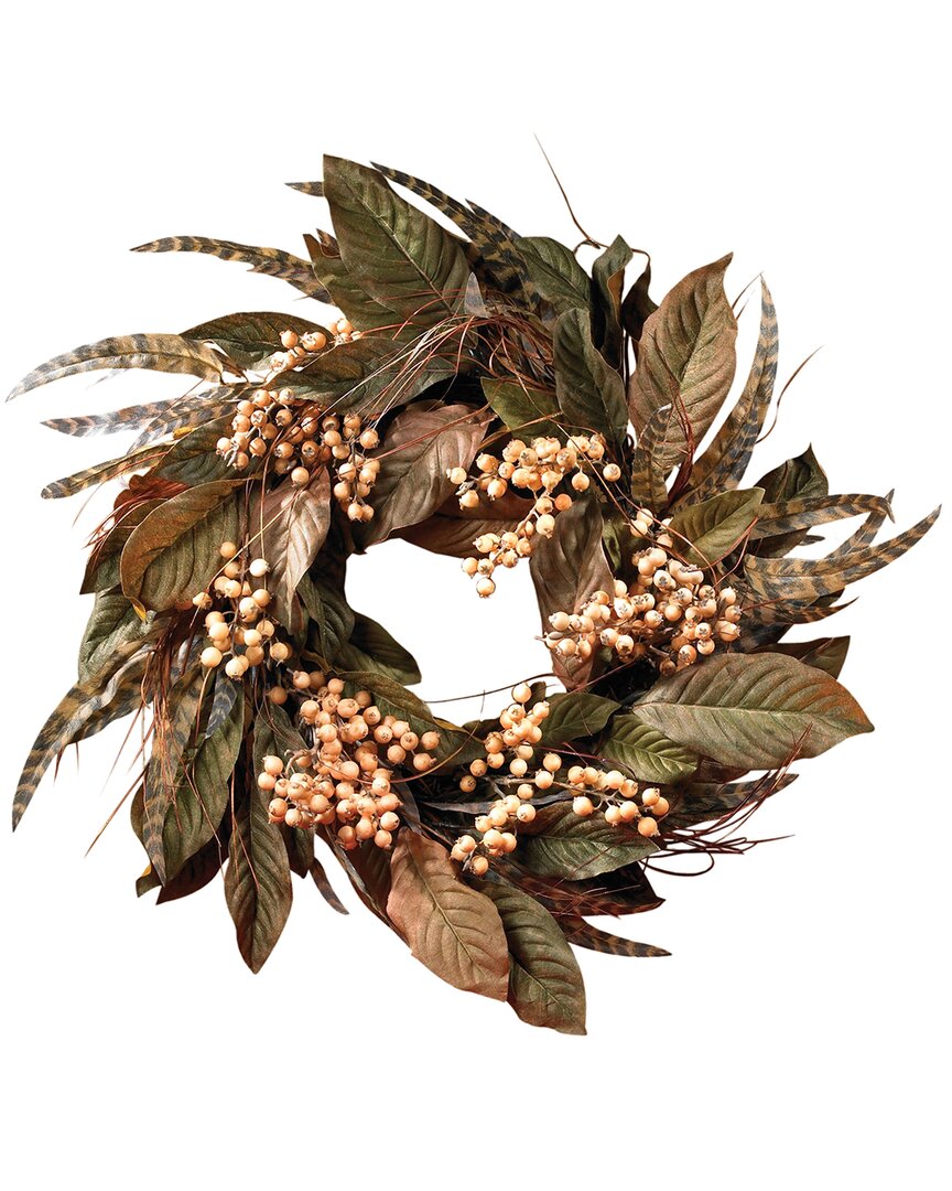 Nearly Natural 24in Feather & Berry Wreath In Green