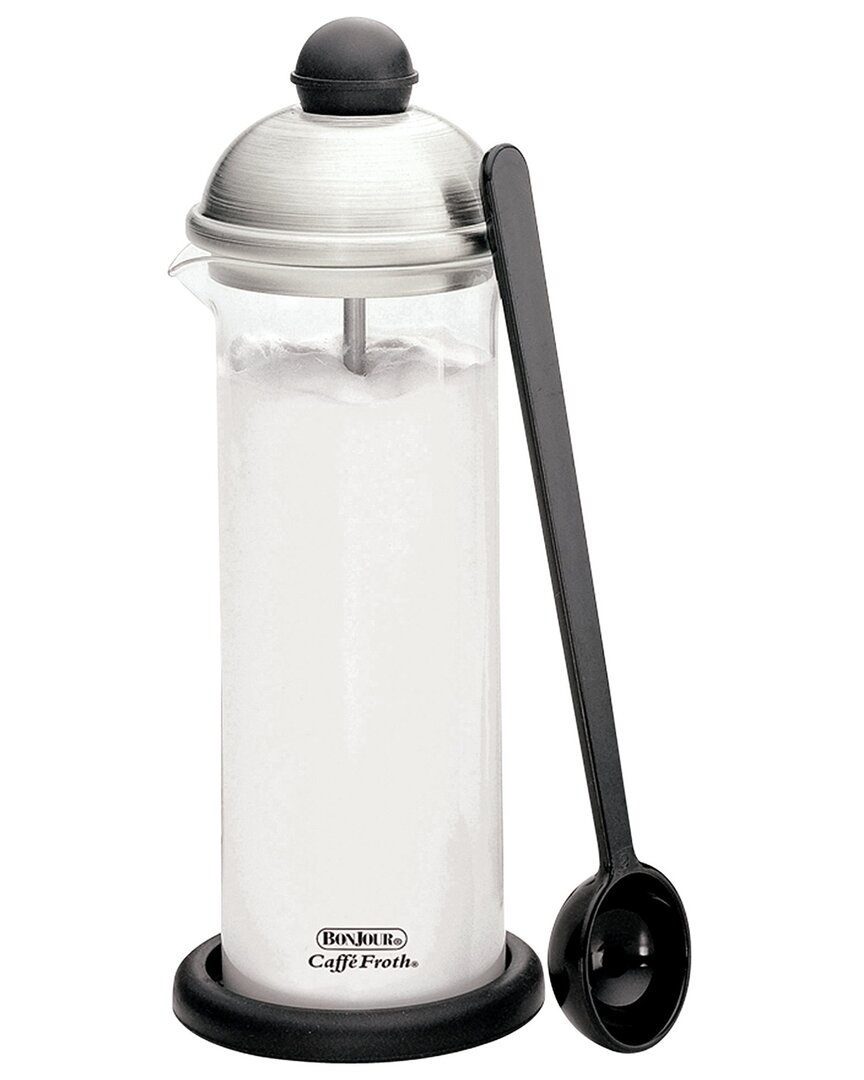 Bonjour Coffee Glass & Stainless Steel Manual Milk Frother 3pc Set In White