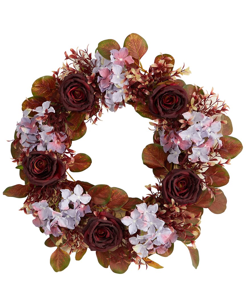 Nearly Natural Fall Hydrangea And Rose Autumn Artificial Wreath, 22" In Purple