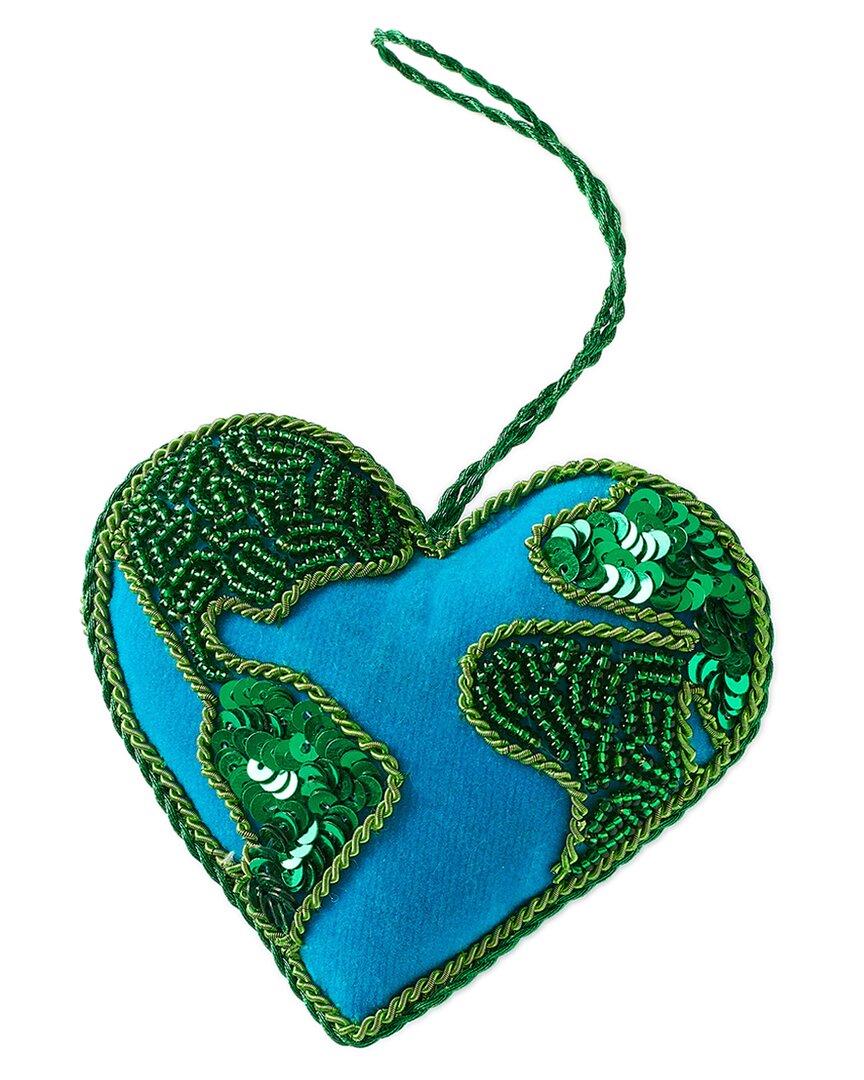 Matr Boomie Discontinued  Larissa Plush Heart Earth Beaded & Embroidered Felt Ornament In Green
