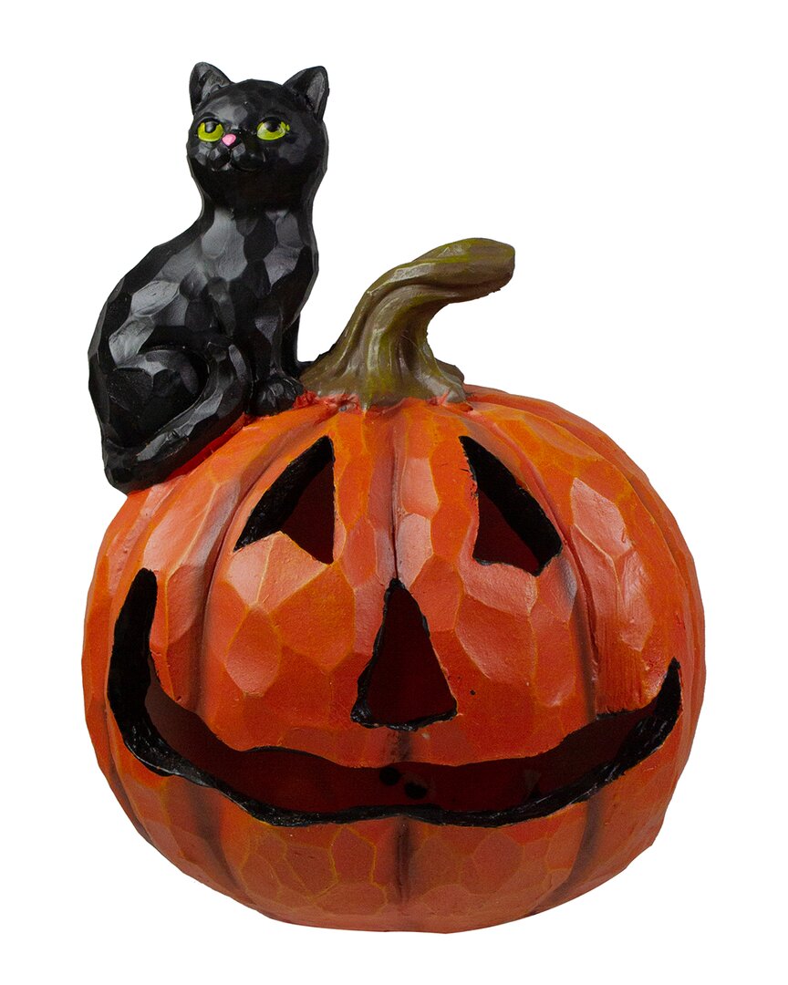 Northlight 10in Led Lighted Jack-o-lantern & Black Cat Table Decoration In Orange