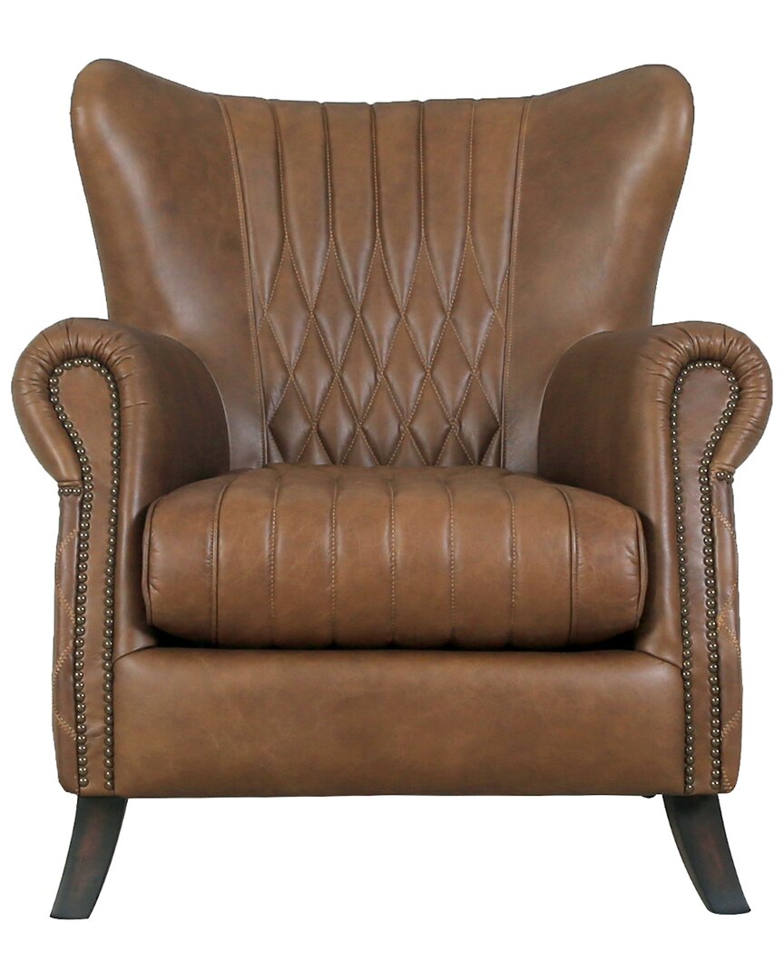 Pasargad Home Harrison Top Grain Leather Upholstered Wing Chair In Brown