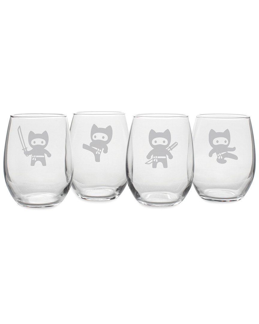 Susquehanna Glass Set Of 4 Kitty Ninja Assortment Stemless Wine Tumblers In White