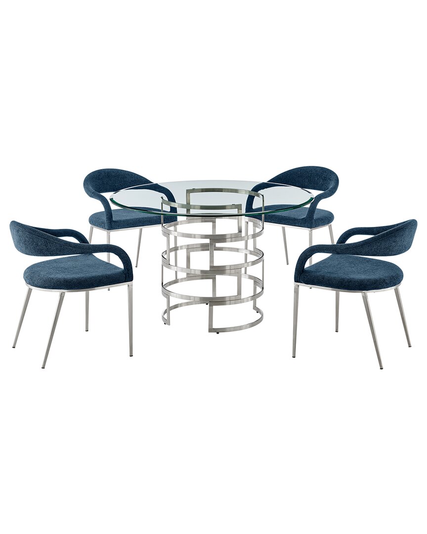 Armen Living Diaz Morgan 5pc Round Glass Dining Table Set In Blue