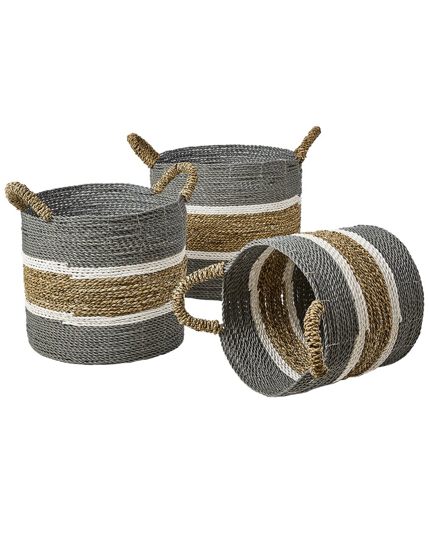 Baum Set Of 3 Round Seagrass And Raffia Baskets With Ear Handles In Grey