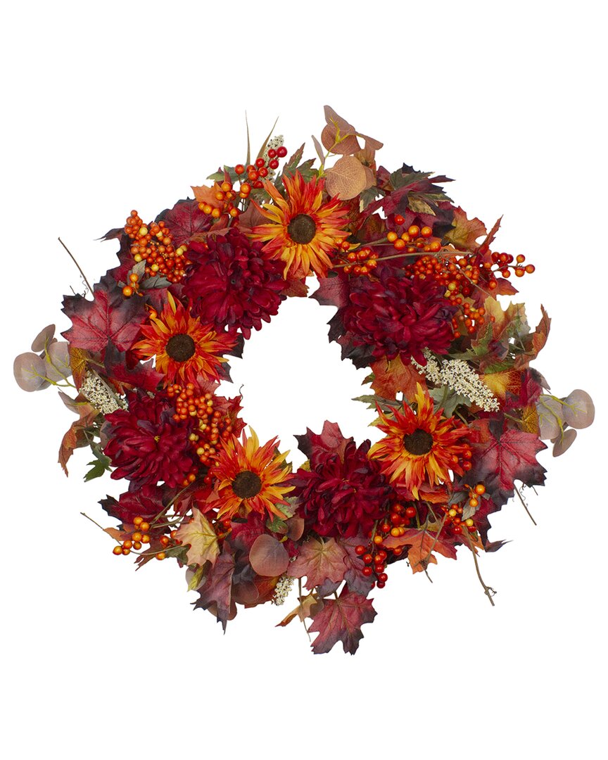 Northlight Leaves And Flowers Fall Harvest Wreath - 24-in Unlit In Orange